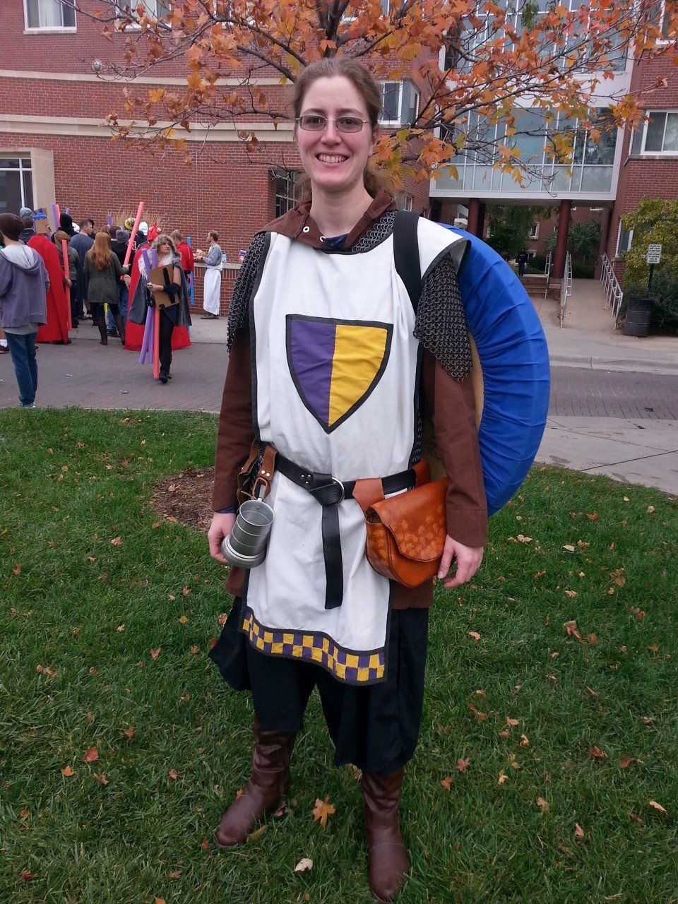 Student poses in homemade war attire for the pool noodle fight