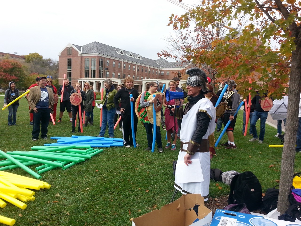 Student poses in homemade war attire for the pool noodle fight