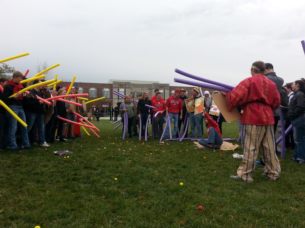 Student poses in homemade war attire for the pool noodle fight