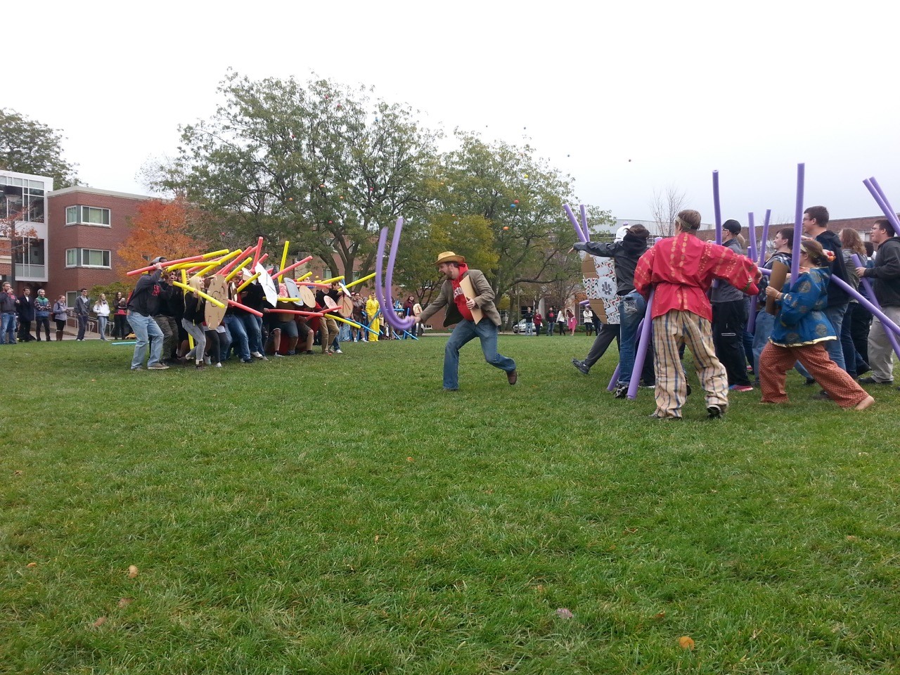 Student poses in homemade war attire for the pool noodle fight