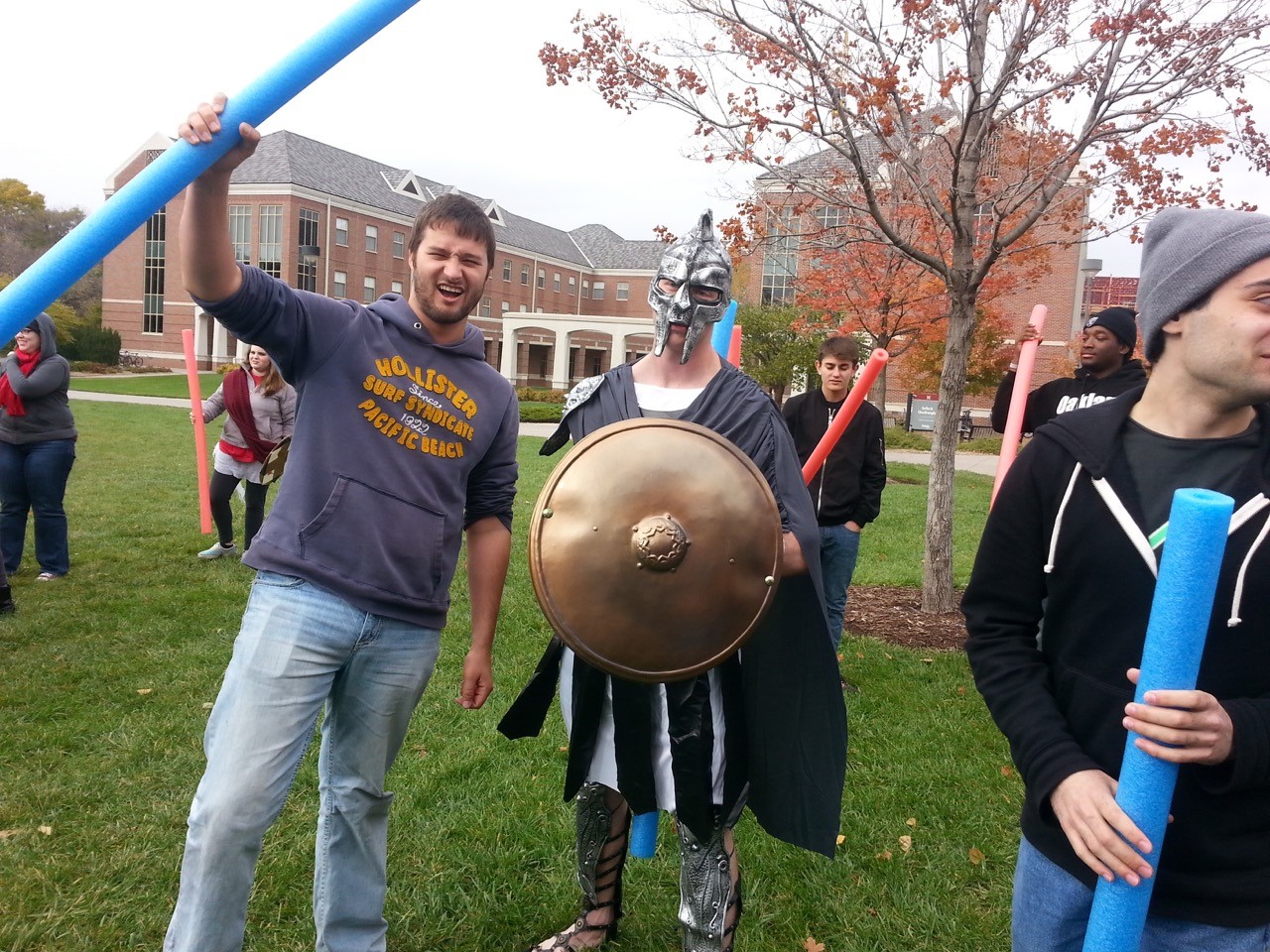 Student poses in homemade war attire for the pool noodle fight