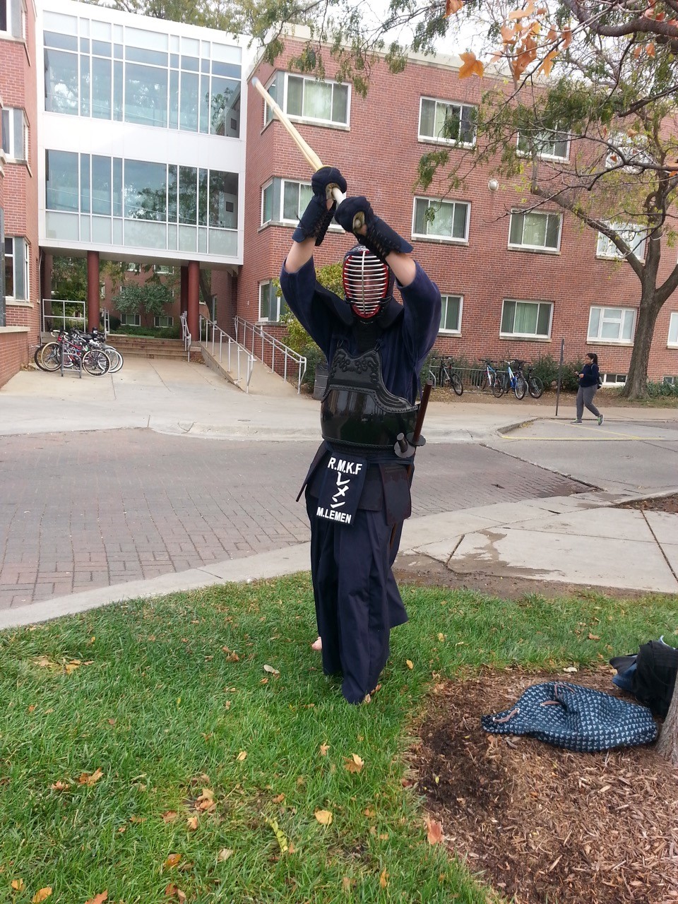 Student poses in homemade war attire for the pool noodle fight