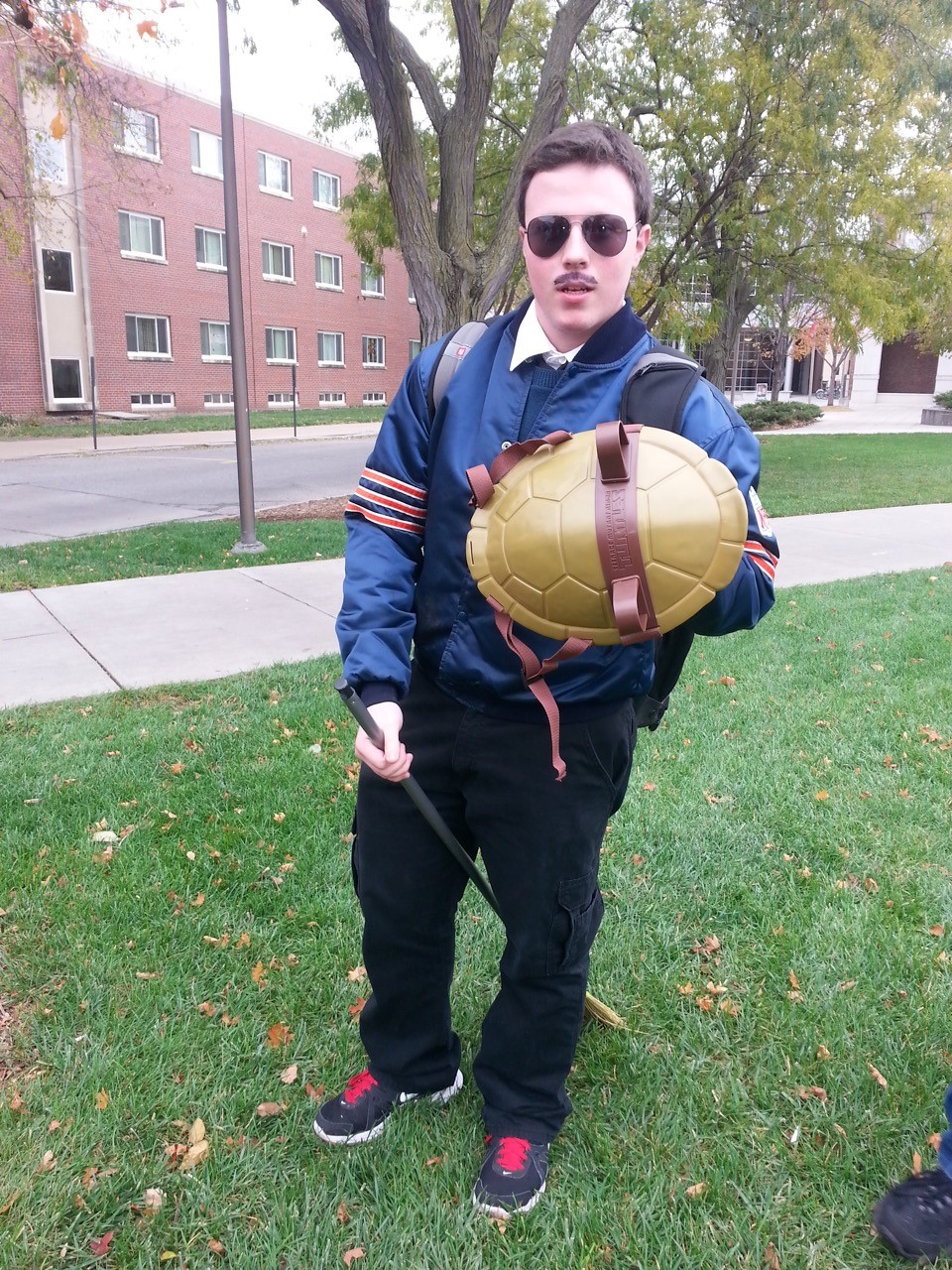 Student poses in homemade war attire for the pool noodle fight