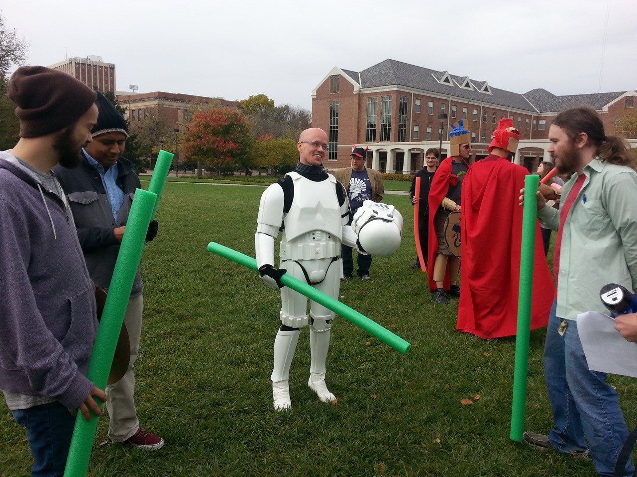 Student poses in homemade war attire for the pool noodle fight