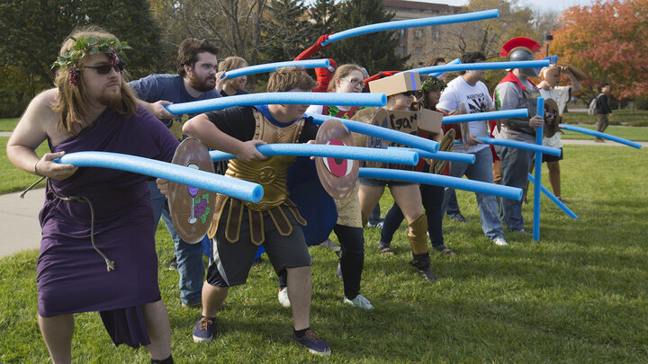 Members of the Greek army prepare for battle during the classics and religious studies reenactment on Oct. 31.