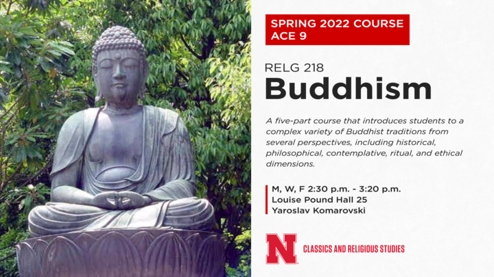 Buddha statue next to text about the course